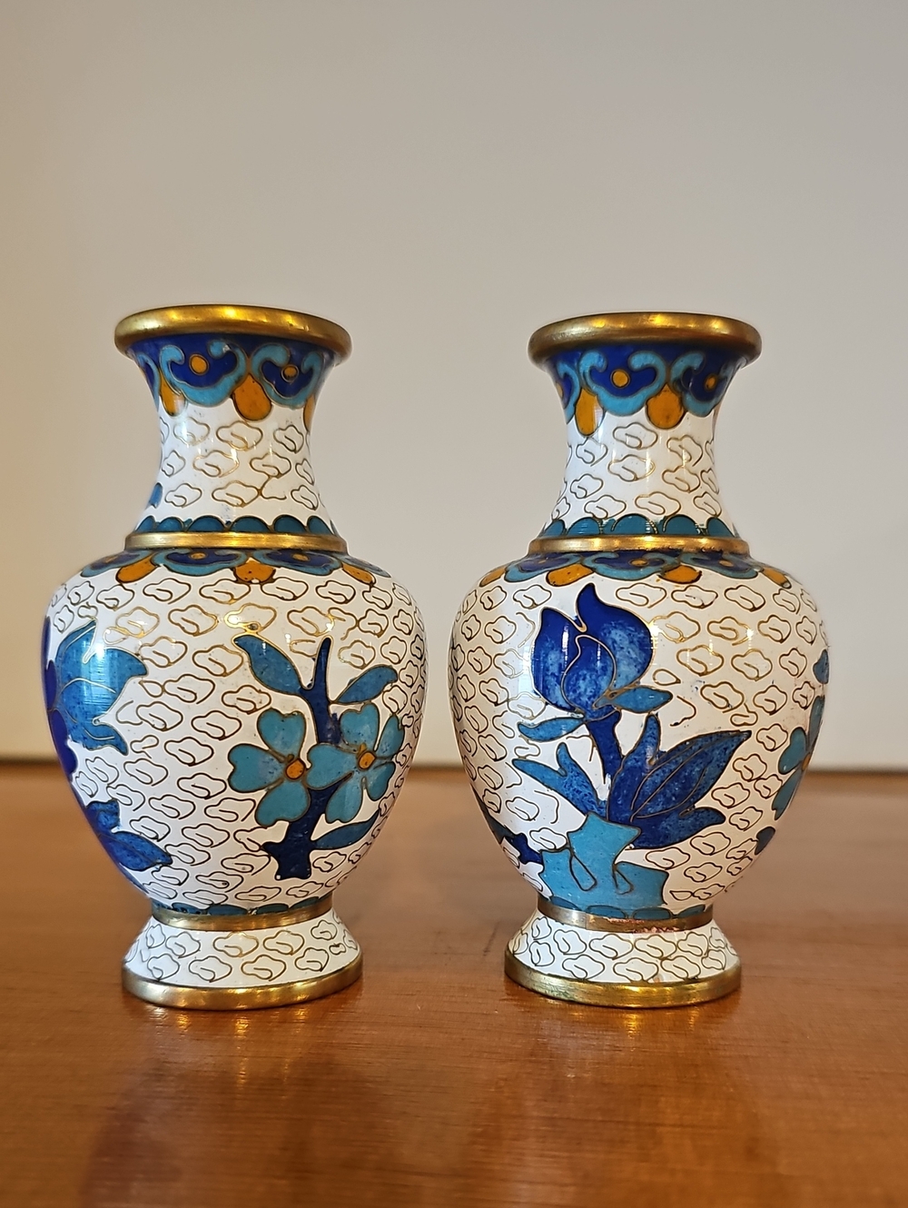 Pair of Vintage Blue Floral CloisonnΓ© Decorative Vases